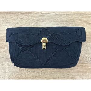 Vintage 40s Navy Blue Corde Clutch Purse Gold Tone Clasp Structured Evening Bag